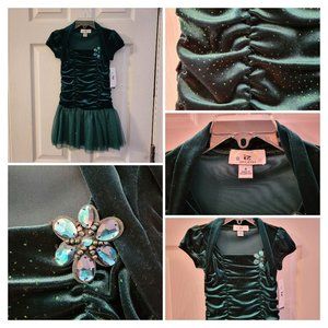 NWT Solid Dark Green Square Neckline w/Jeweled Flower Short Sleeve Tutu Skirt!